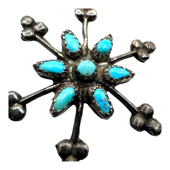 Zuni Petite Point Signed Turquoise Sterling Silver Snowflake Pendant 1.5 Vintage - Picture 2 of 5